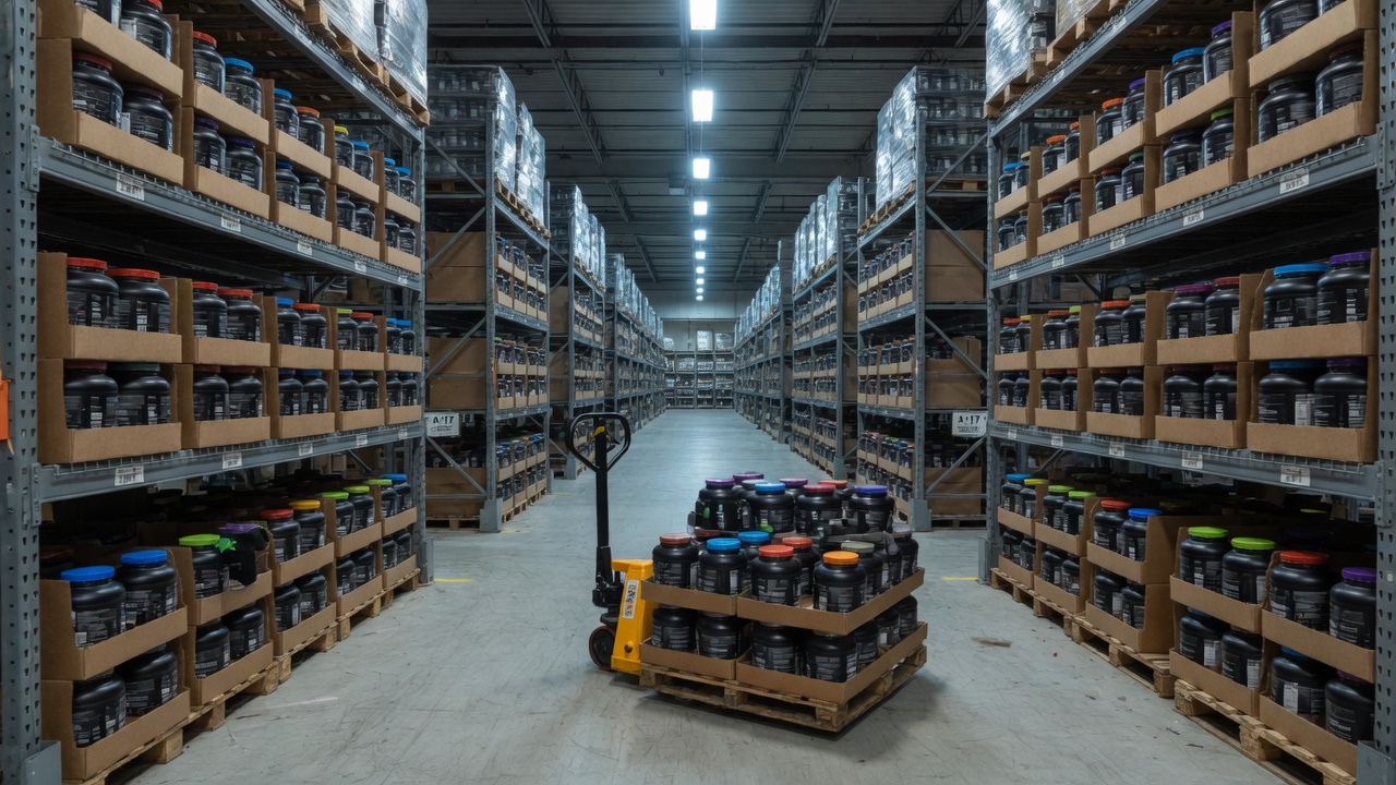 SAT Supplements warehouse aisle with palletized cases